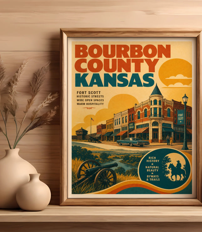 Bourbon County Kansas poster with vintage buildings, cannon, and landscape.