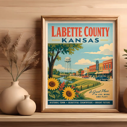 Labette County Kansas travel poster with "Parsons" and sunflowers.
