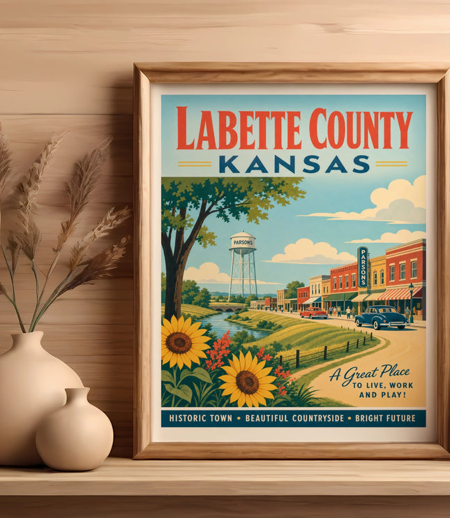 Labette County Kansas travel poster with "Parsons" and sunflowers.