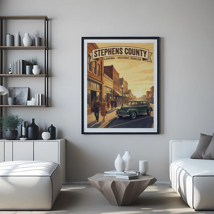 Framed print of Stephens County, Oklahoma, showing a vintage car and people on a street.