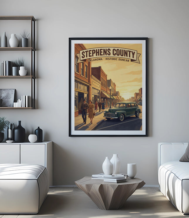 Framed print of Stephens County, Oklahoma, showing a vintage car and people on a street.