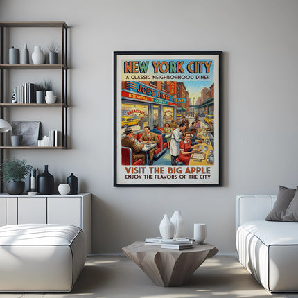 Poster with text "New York City" and "Joe's Diner" featuring a classic diner scene.