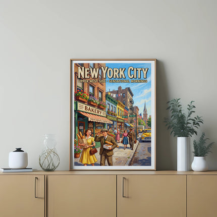 New York City Upper West Side Sensational Mornings vintage poster with bakery.