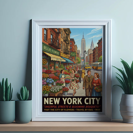 Vintage New York City poster advertising Bella's Flowers with floral street scene.