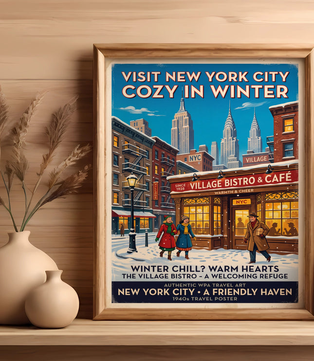 Vintage New York City poster, "Village Bistro & Café" with Empire State Building in winter.