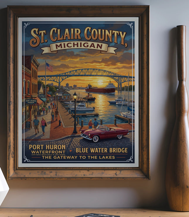 Vintage St. Clair County, Michigan poster featuring Port Huron waterfront and Blue Water Bridge.