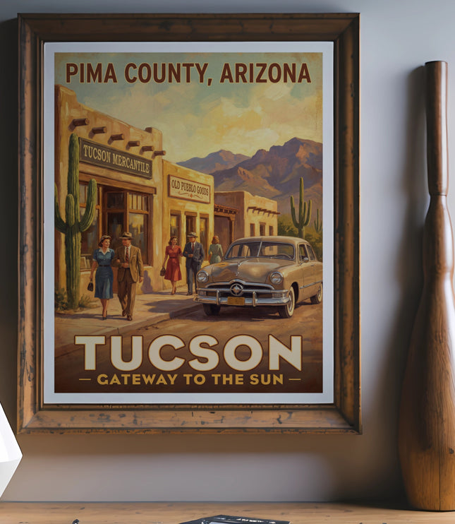 Vintage poster of Tucson, Arizona. Buildings and people walk past a classic car.