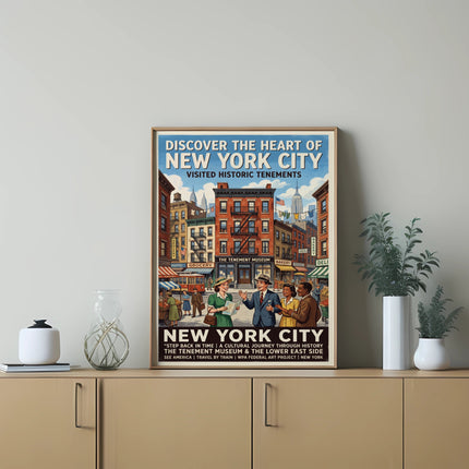 Poster for New York City historic tenements museum featuring buildings and text.