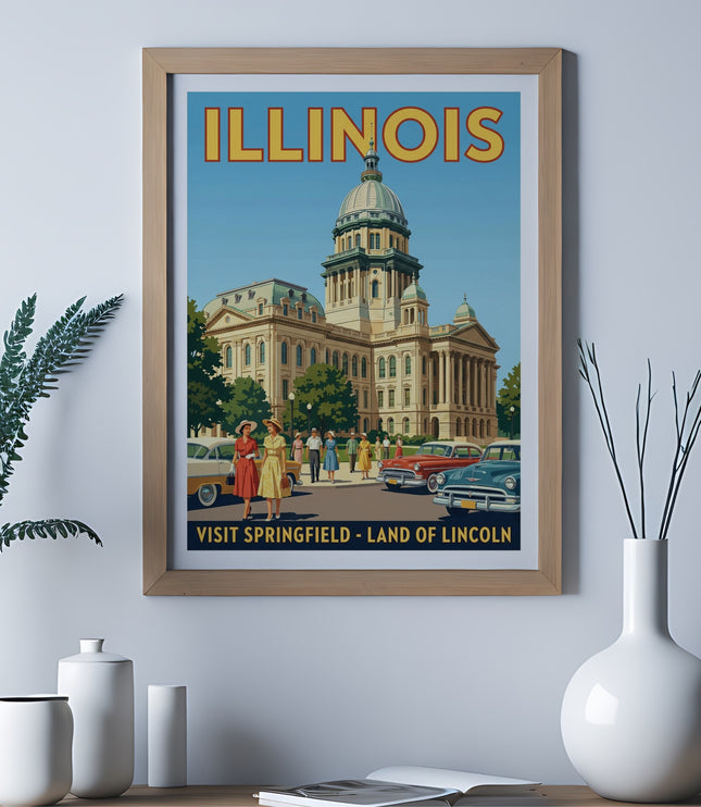 Vintage Illinois travel poster with state capitol building and text "ILLINOIS VISIT SPRINGFIELD - LAND OF LINCOLN".