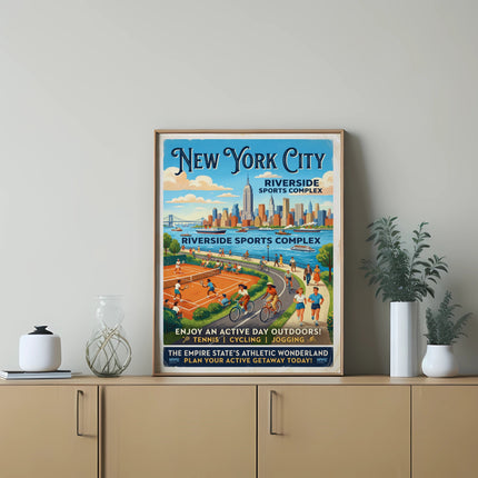 New York City Riverside Sports Complex poster with outdoor activities.