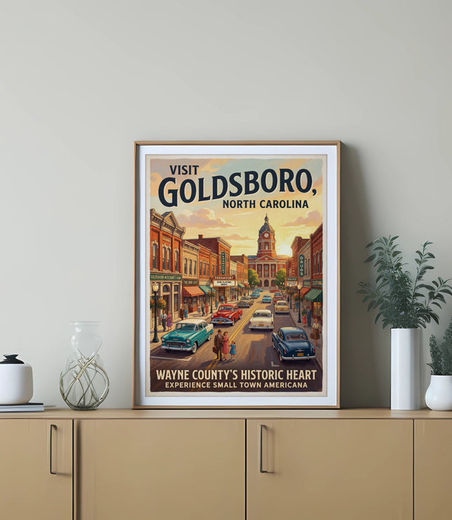 Visit Goldsboro, North Carolina vintage travel poster with cars and buildings.