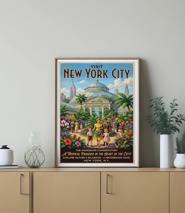 Vintage poster for New York City Conservatory with families and foliage.