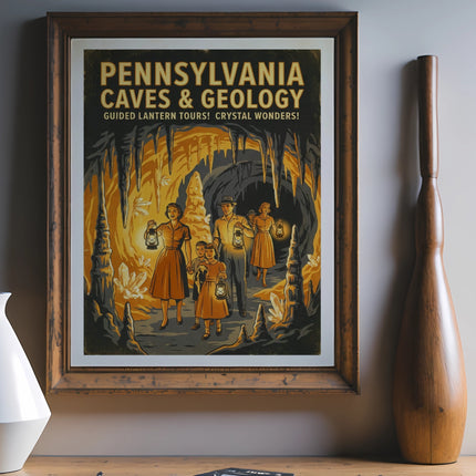Pennsylvania Caves & Geology poster with family exploring illuminated cave.
