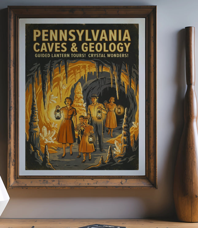 Pennsylvania Caves & Geology poster with family exploring illuminated cave.