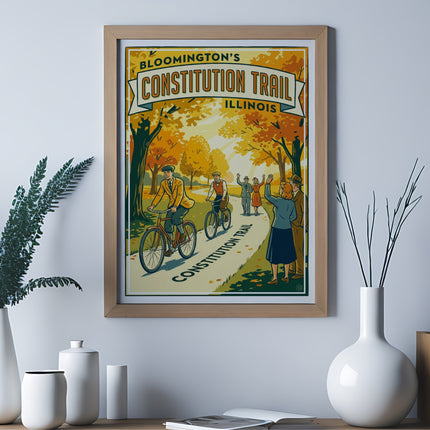 Framed poster for Bloomington's Constitution Trail with cyclists and spectators in a park setting.