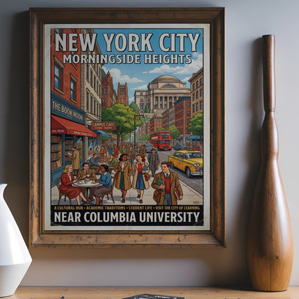 New York City Morningside Heights poster showing street scene near Columbia University.