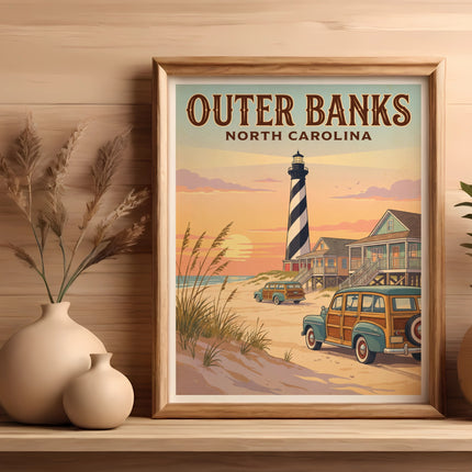 Outer Banks, North Carolina poster with lighthouse, beach houses, and vintage cars.