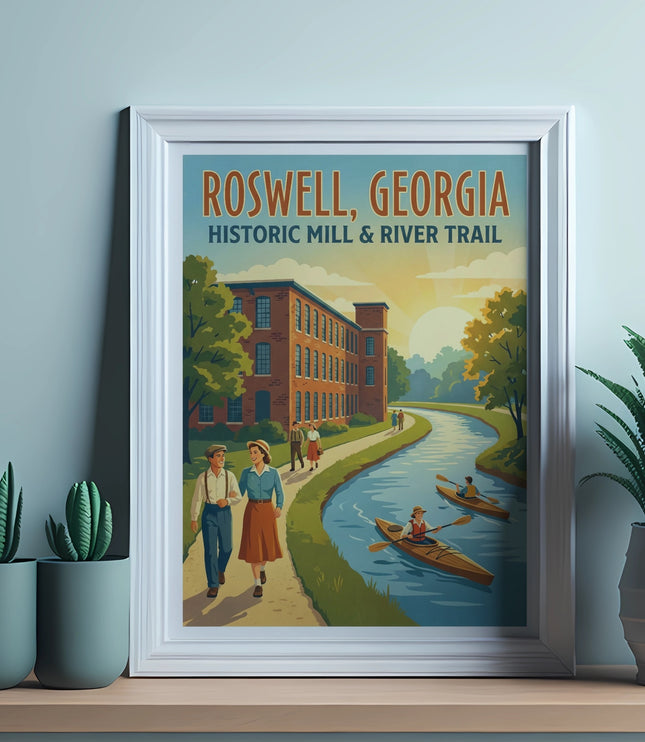 Roswell, Georgia Historic Mill & River Trail art print with people walking and kayaking.