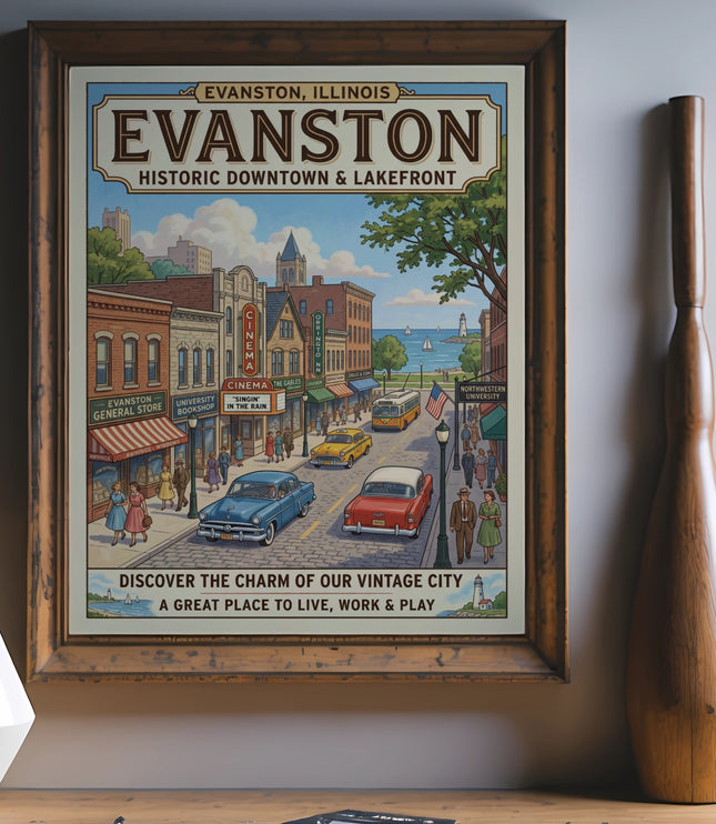 Vintage-style poster of Evanston, Illinois historic downtown and lakefront scene.
