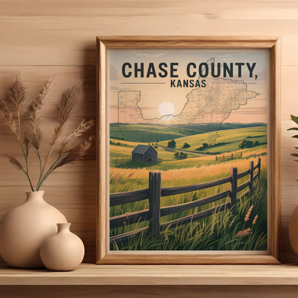 Framed "Chase County, Kansas" map with landscape illustration and decorative vases.