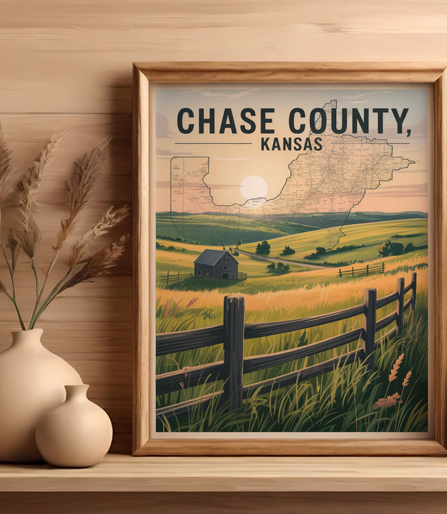 Framed "Chase County, Kansas" map with landscape illustration and decorative vases.