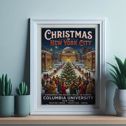 Poster for Christmas in New York City at Columbia University with festive holiday scene.