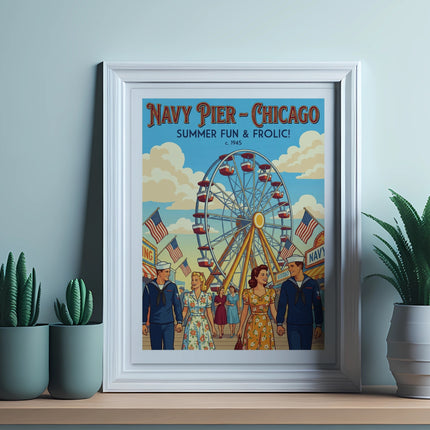 Navy Pier Chicago poster with Ferris wheel and people, summer fun, circa 1945.