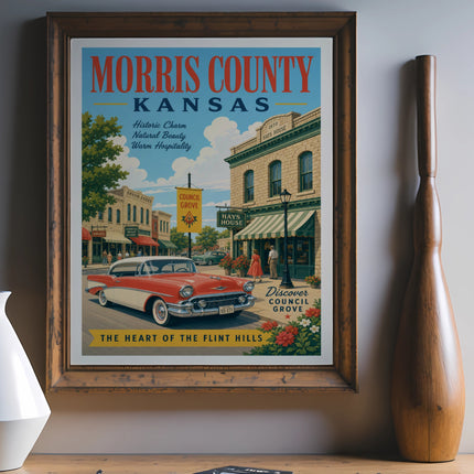Vintage poster for Morris County, Kansas, featuring a classic car and Hays House.