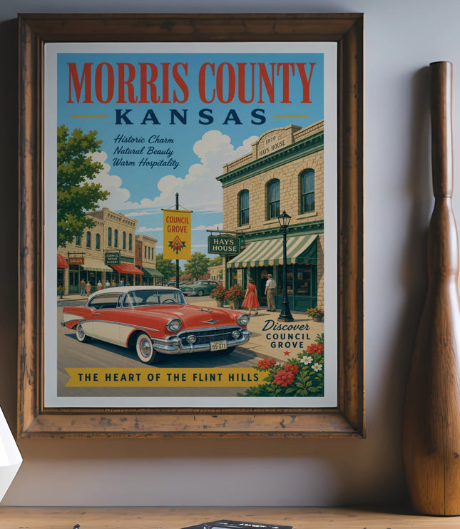 Vintage poster for Morris County, Kansas, featuring a classic car and Hays House.