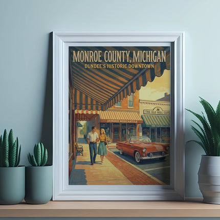 Monroe County Michigan vintage poster featuring a couple and a classic car.