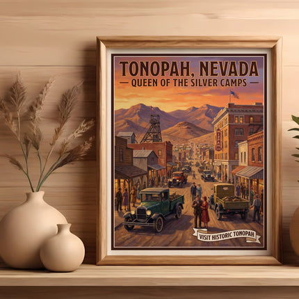 Vintage poster of Tonopah, Nevada, featuring a historic main street scene.