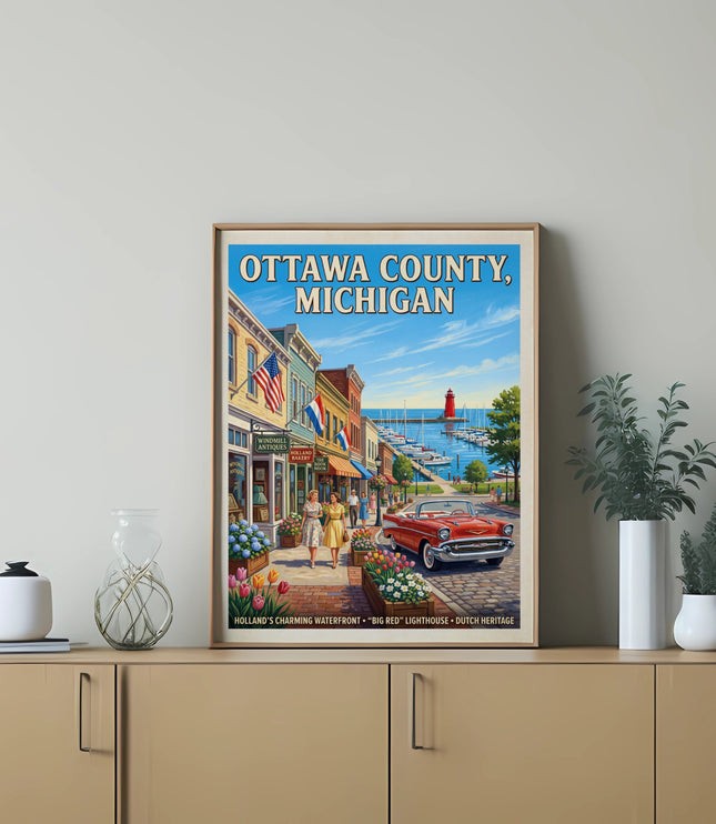 Poster of Holland, Michigan, featuring a waterfront, lighthouse, classic car, and shops.