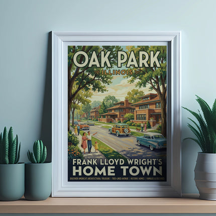 "Oak Park Illinois" poster featuring Frank Lloyd Wright's "Home Town" downtown scene.