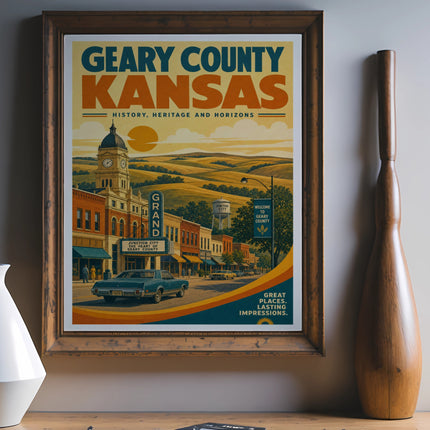 Geary County Kansas vintage poster with "History, Heritage and Horizons" and a street scene.