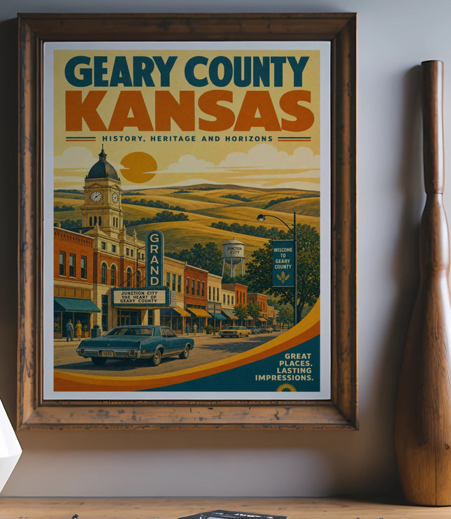 Geary County Kansas vintage poster with "History, Heritage and Horizons" and a street scene.