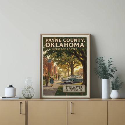Payne County, Oklahoma heritage poster showing Stillwater street scene with vintage car.