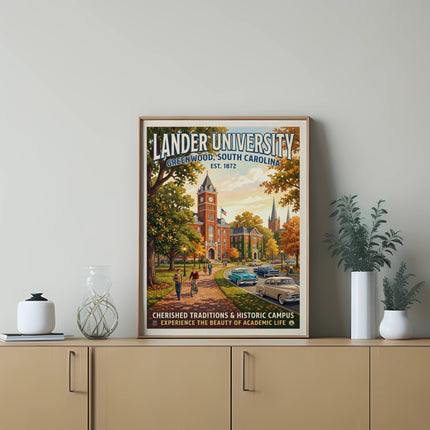 Lander University print featuring Old Main building with Cherished Traditions & Historic Campus text.