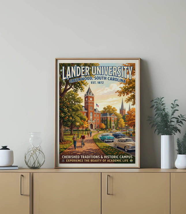 Lander University print featuring Old Main building with Cherished Traditions & Historic Campus text.