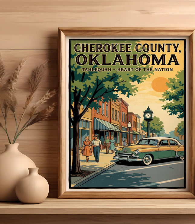 Cherokee County, Oklahoma poster with Tahlequah text, vintage car, and buildings.