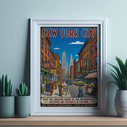 New York City vintage travel poster with SoHo streets, yellow taxi, and text.
