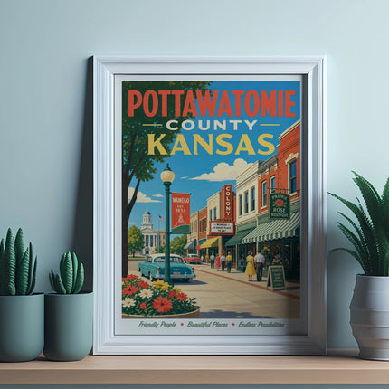 Pottawatomie County, Kansas vintage travel poster with Wamego landmark.
