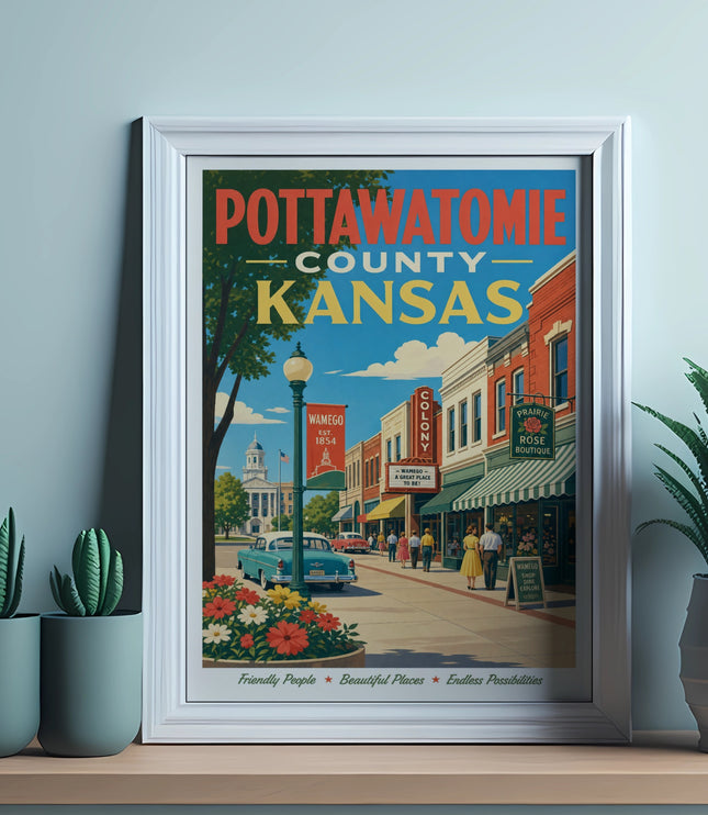 Pottawatomie County, Kansas vintage travel poster with Wamego landmark.