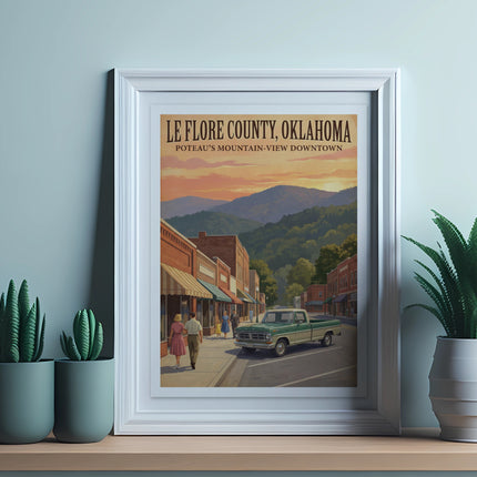 Le Flore County, Oklahoma Poteau's Mountain-View Downtown poster with a vintage truck.