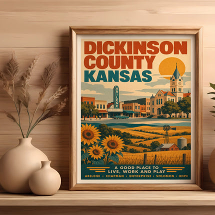 Poster for Dickinson County, Kansas, featuring Abilene, sunflowers, and town buildings.