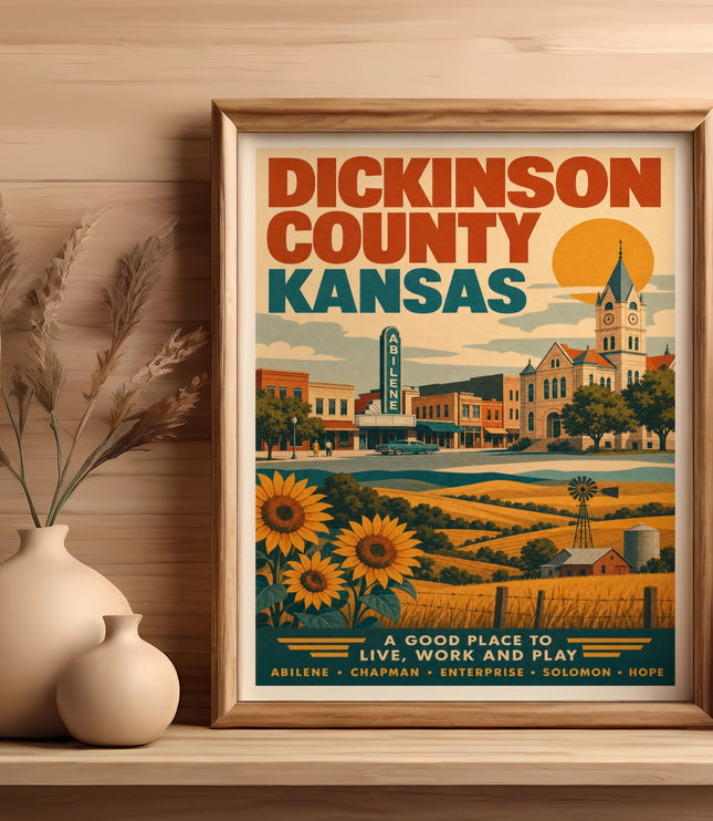 Poster for Dickinson County, Kansas, featuring Abilene, sunflowers, and town buildings.