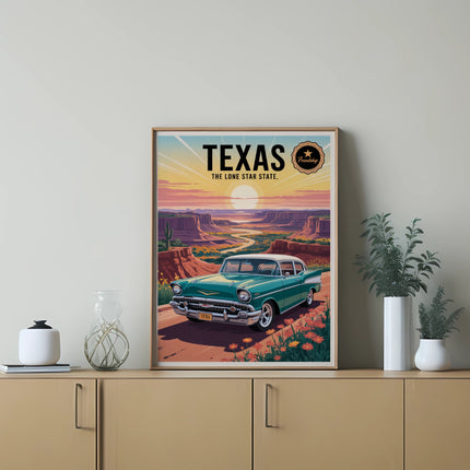 Vintage teal and white car in desert landscape with "Texas The Lone Star State" text.