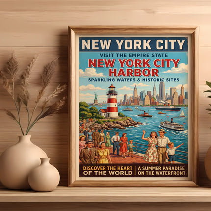Vintage New York City Harbor travel poster with historic skyline and people.
