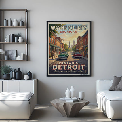 Vintage poster of Historic Detroit Wayne County, Michigan with classic cars.