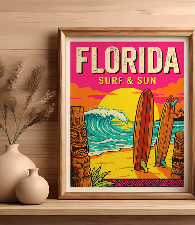 Florida Surf & Sun artwork featuring surfboards, waves, tiki, and palm trees.
