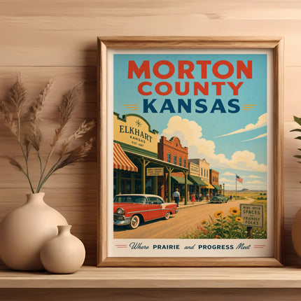 Poster for Morton County, Kansas featuring Elkhart and vintage car.
